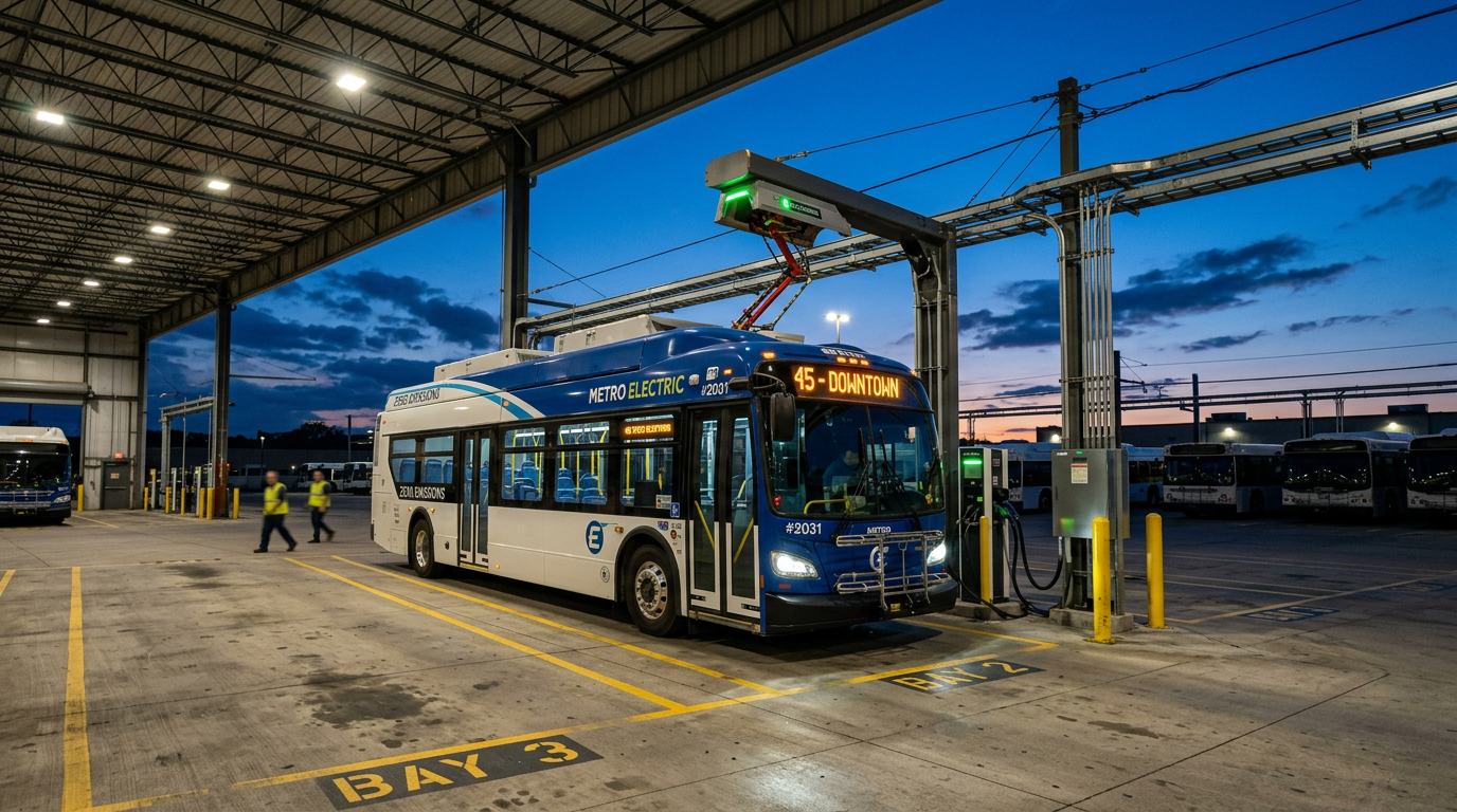 Electric transit bus parked in depot bay at dusk for overnight charging