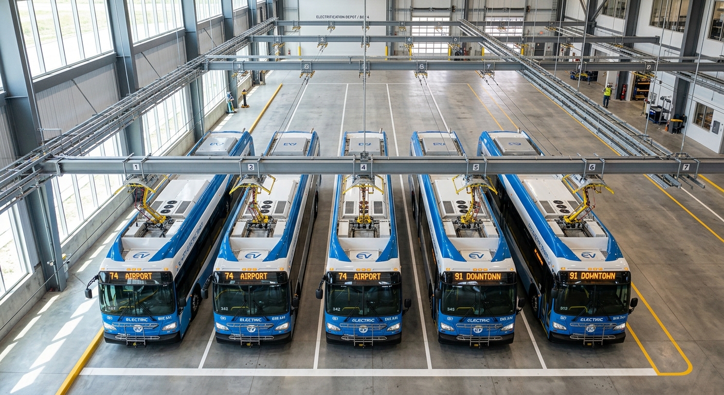 Row of electric transit buses lined up in a modern depot