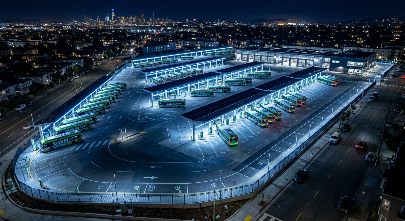 Aerial view of an electric bus depot at night with illuminated charging bays