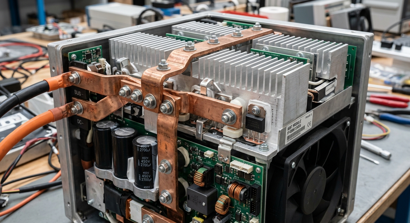 Close-up of DC charger power module internals showing semiconductors and busbars