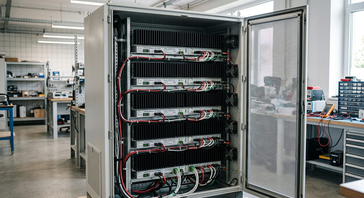 Stacked DC charger power modules inside an open service cabinet