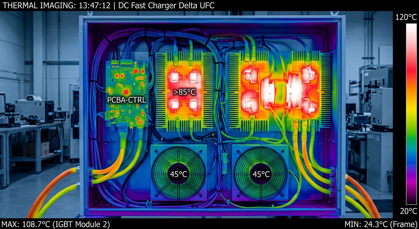 Thermal visualization of heat distribution inside a DC charger cabinet
