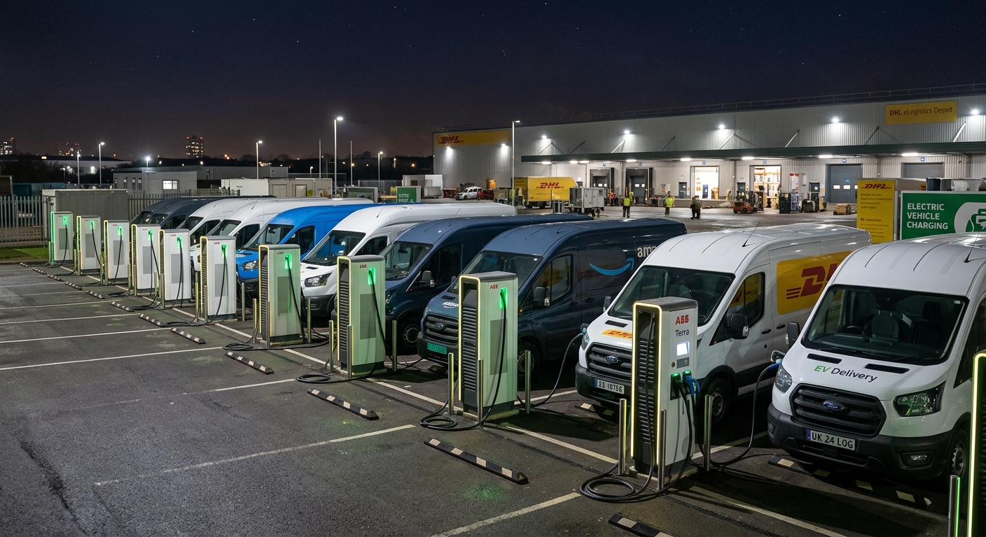Row of DC chargers serving an electric delivery van fleet at a depot at night