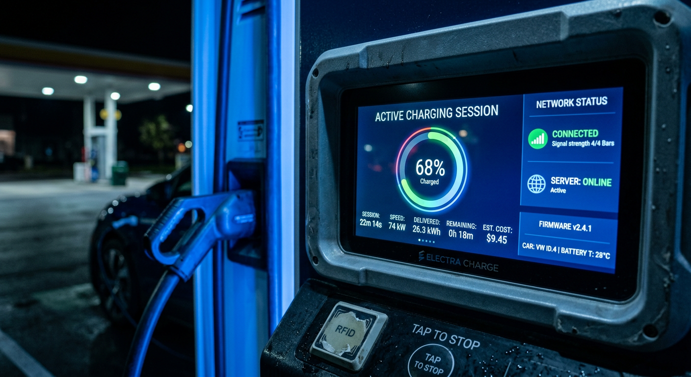 DC fast charger HMI screen showing OCPP communication status