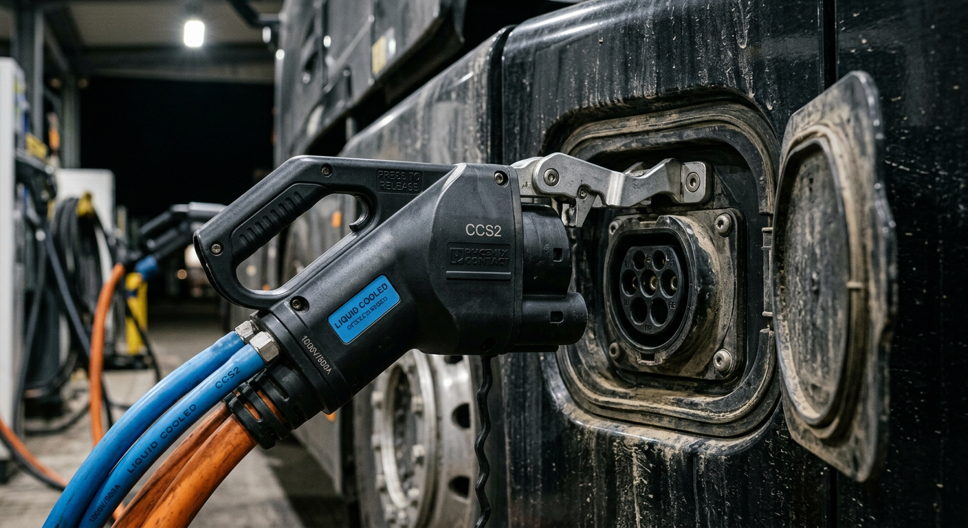 Liquid-cooled CCS2 connector plugged into an electric truck