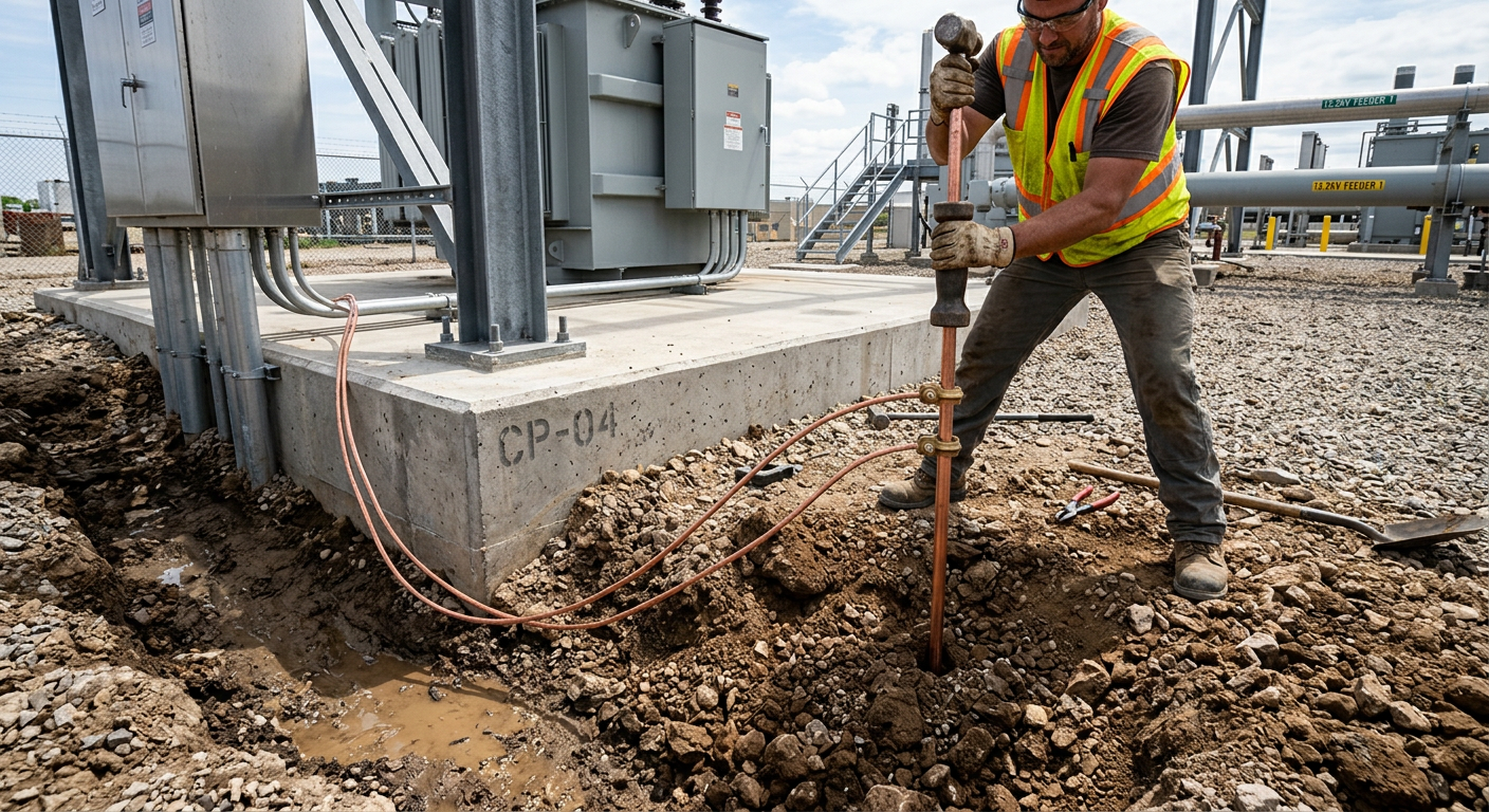 Copper ground rod installation at an outdoor electrical site