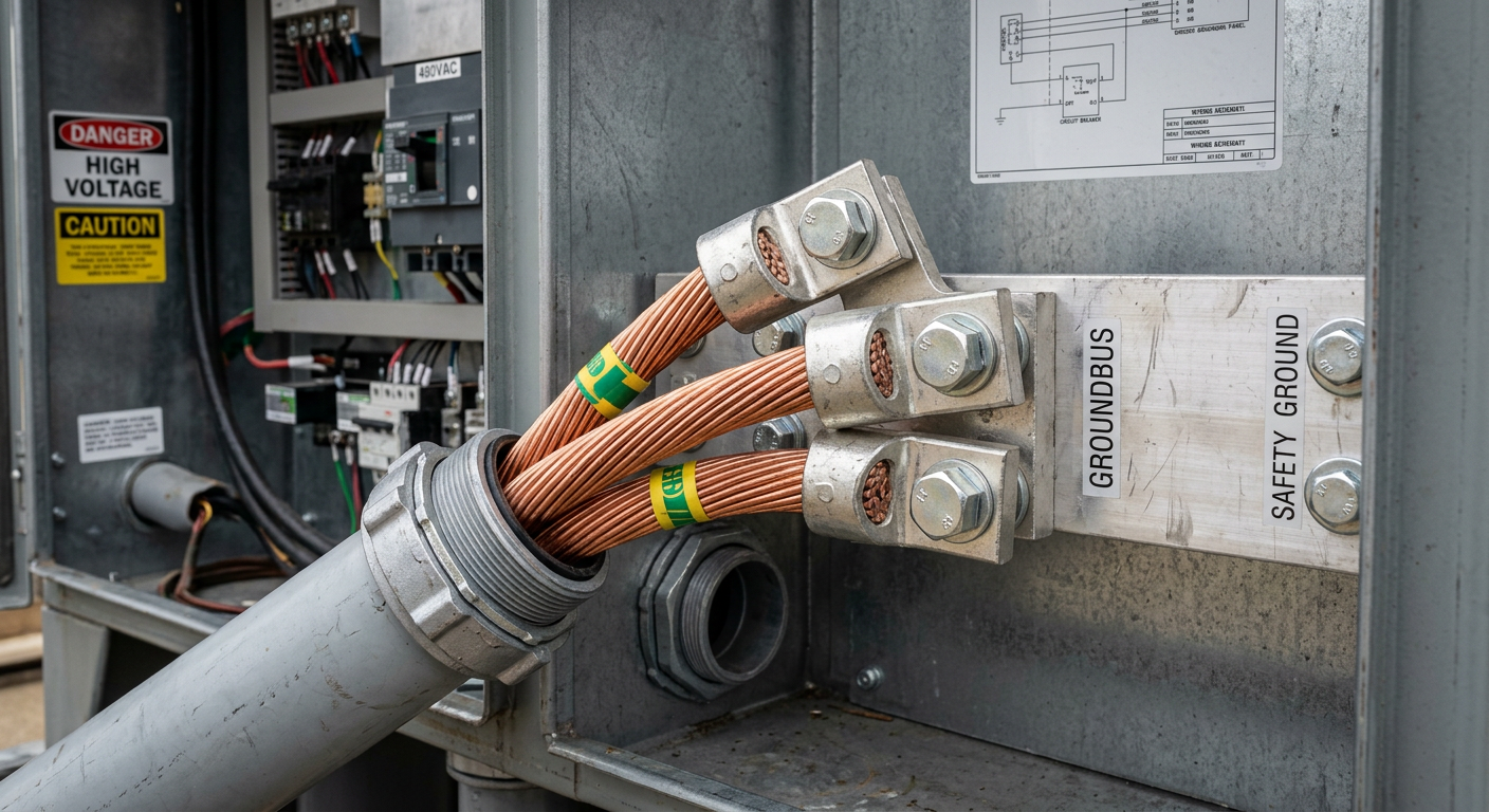 Thick stranded copper PE conductors terminated at a charger cabinet