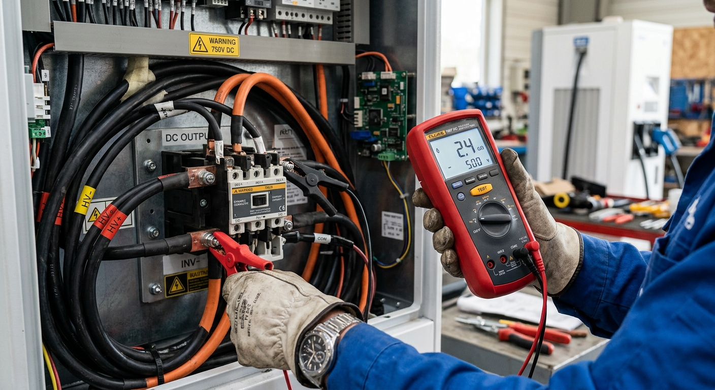 Technician using insulation resistance tester on EV charger wiring