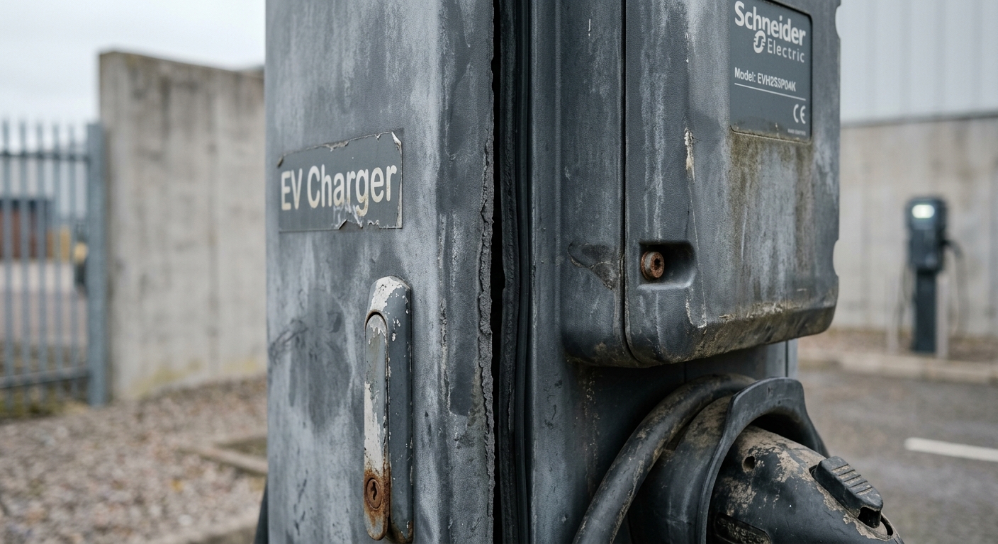 Close-up of weathered outdoor charger enclosure seam and gasket