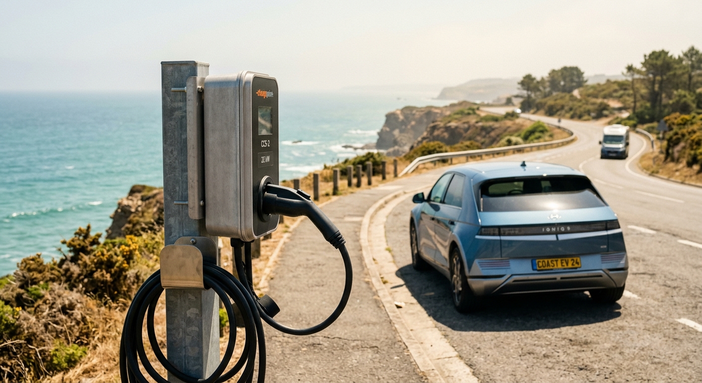 Outdoor EV charger under intense coastal sunlight