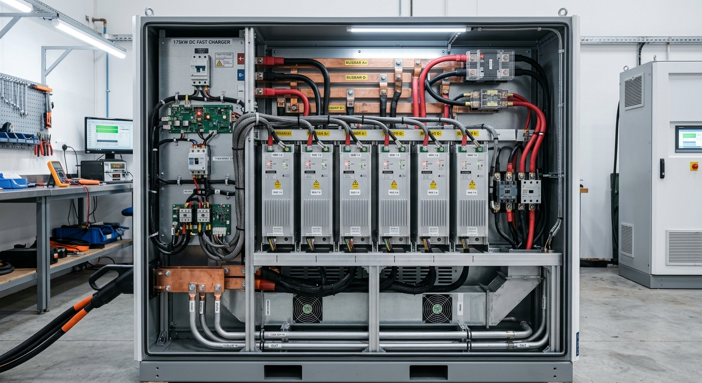 Interior of a DC fast charger showing modular power architecture