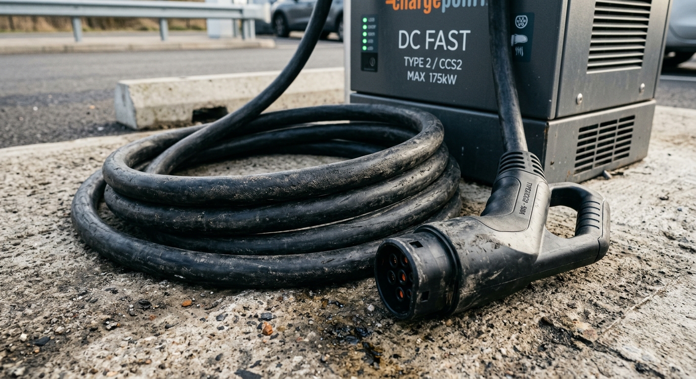 Heavy-duty DC charging cable detail at outdoor fast charger