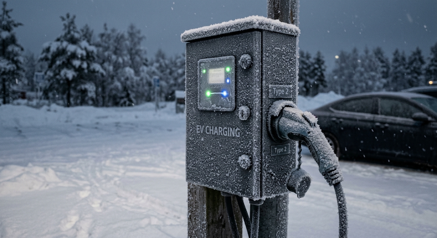 Frost accumulating on an outdoor EV charger housing in extreme cold