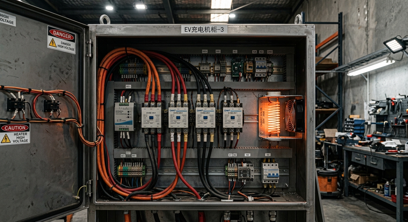Internal relay compartment of an EV charger with heating components visible
