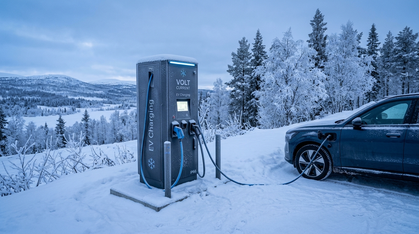 Weatherproof EV charger enclosure standing in a winter environment