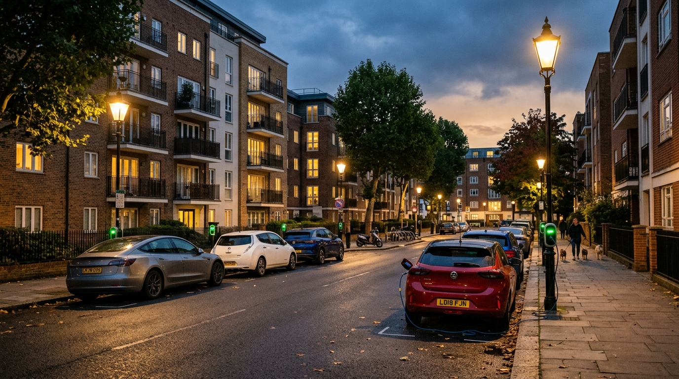 Dense urban street with apartment buildings and no private driveways for EV charging