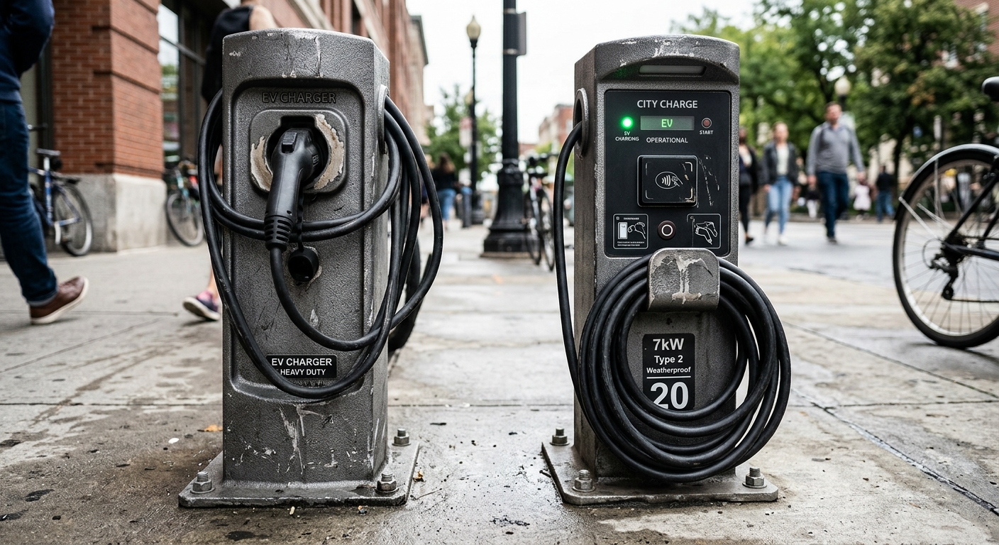 Rugged weatherproof bollard EV charger on a city sidewalk