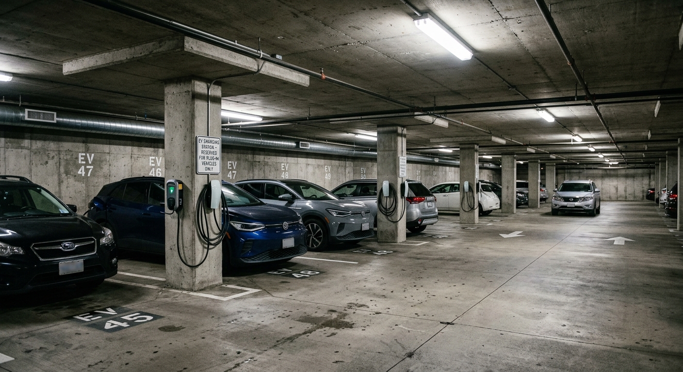 Underground apartment parking garage retrofitted with EV chargers