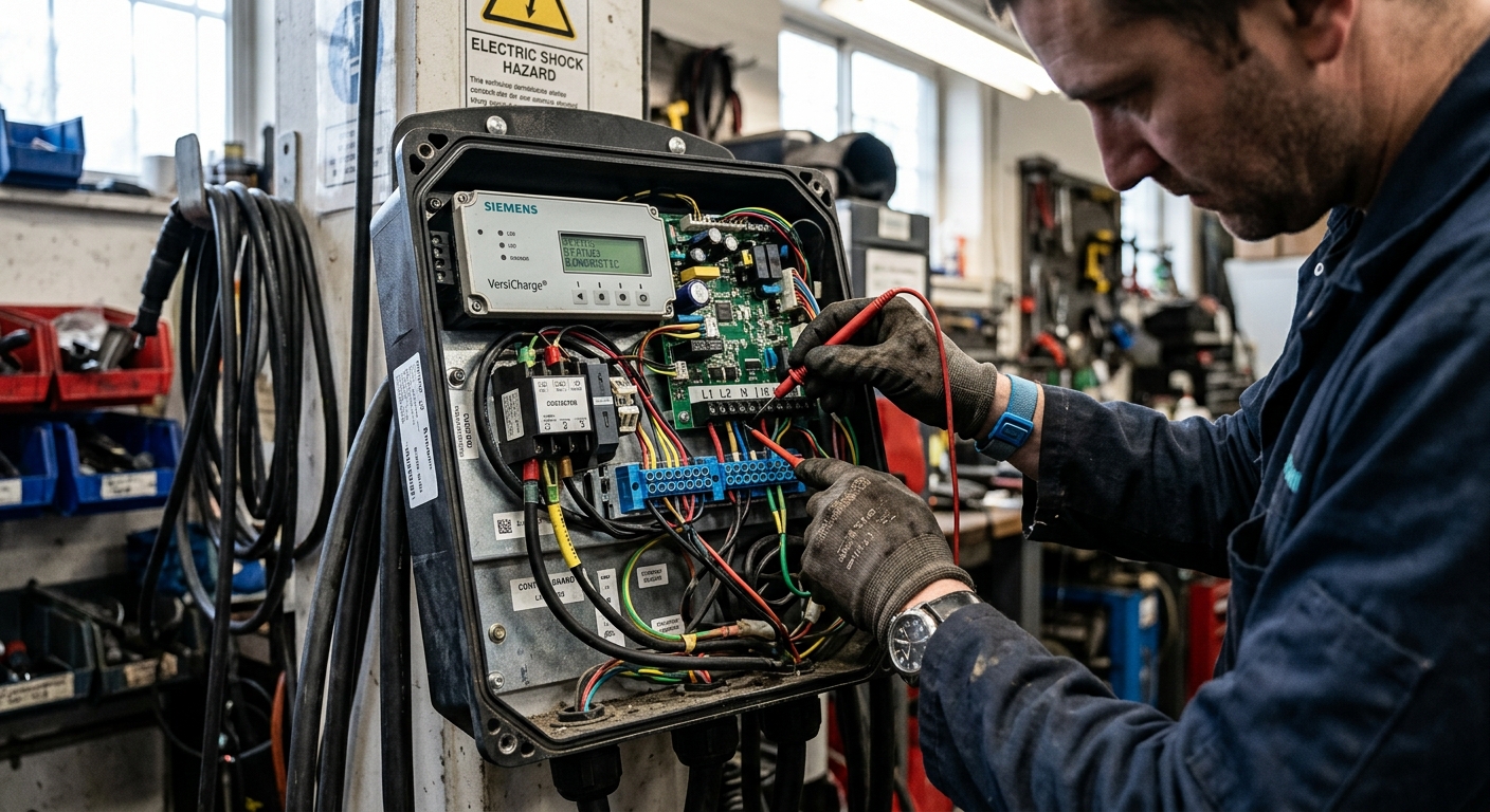 Technician inspecting internal control board of an EV charger during warranty service