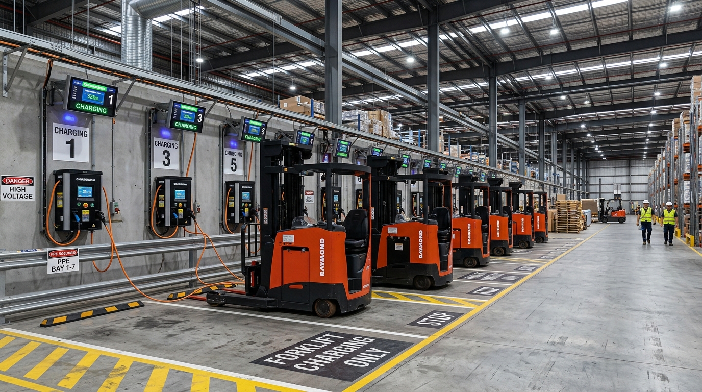 Row of forklift chargers in an industrial warehouse charging bay