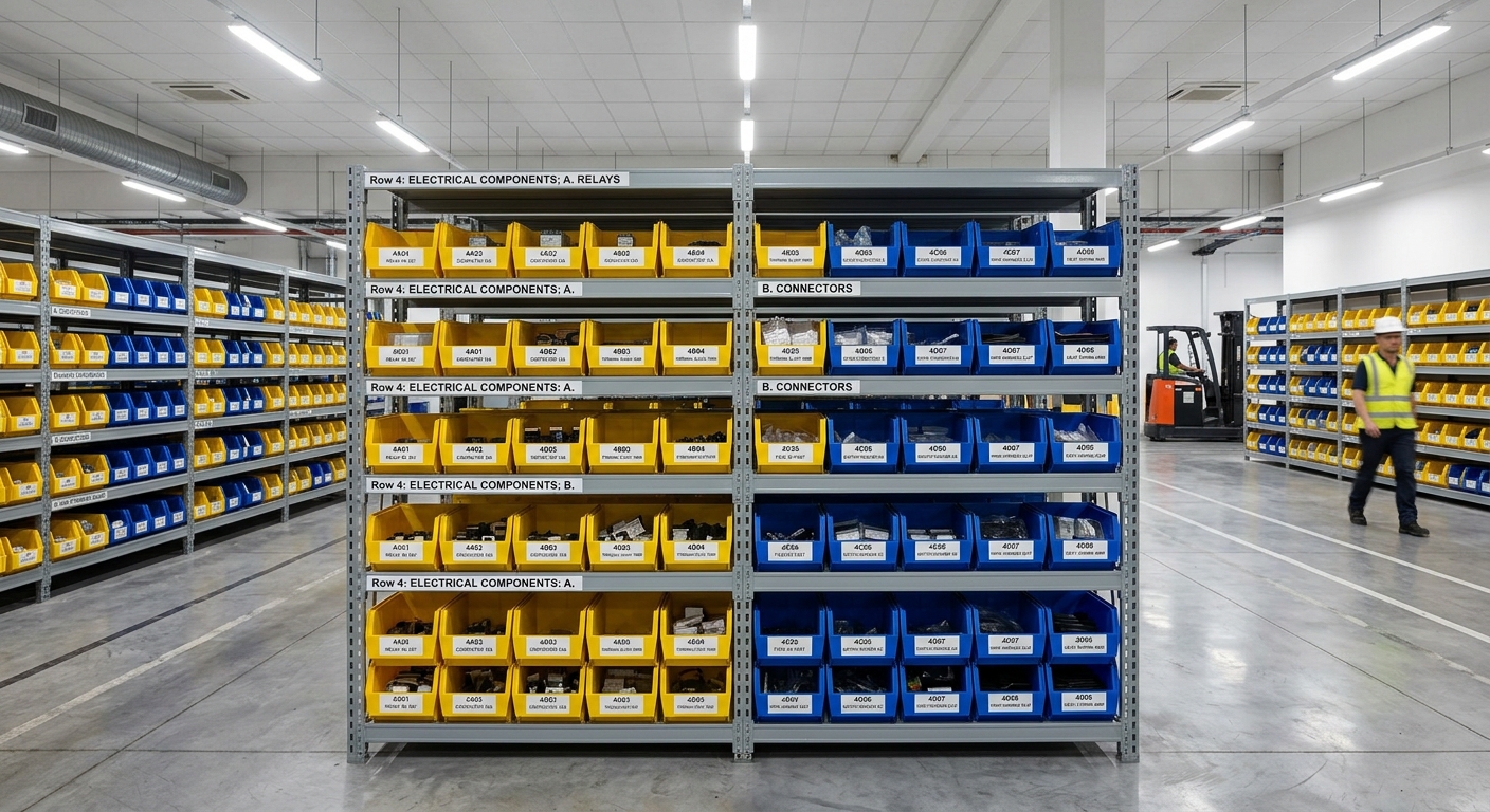 Organized spare parts depot shelving with electrical charger components