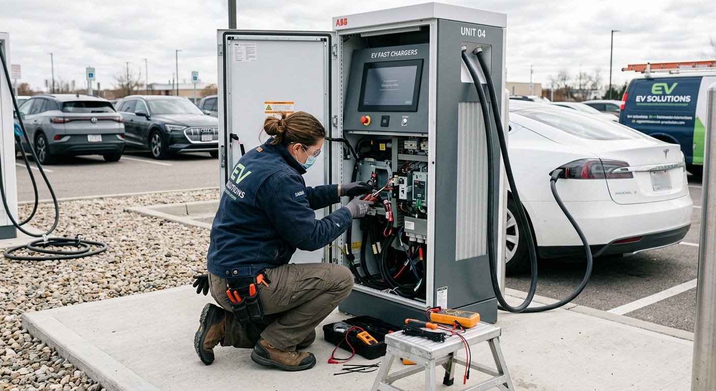 Technician performing on-site repair on an outdoor DC fast charging unit