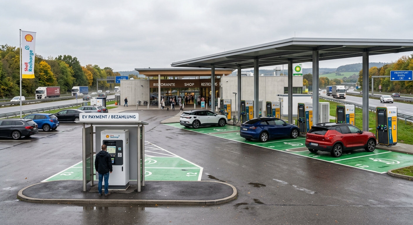 European highway service station with EV charging bays and payment terminals