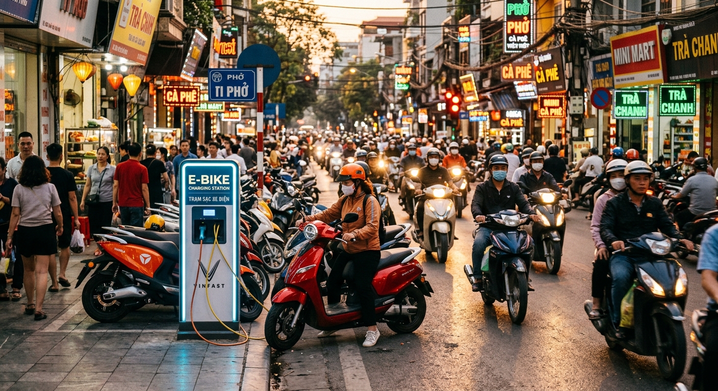 Urban Southeast Asian street scene with electric scooter charging kiosk