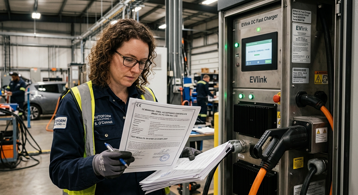 Engineer reviewing charger certification documents for incentive compliance