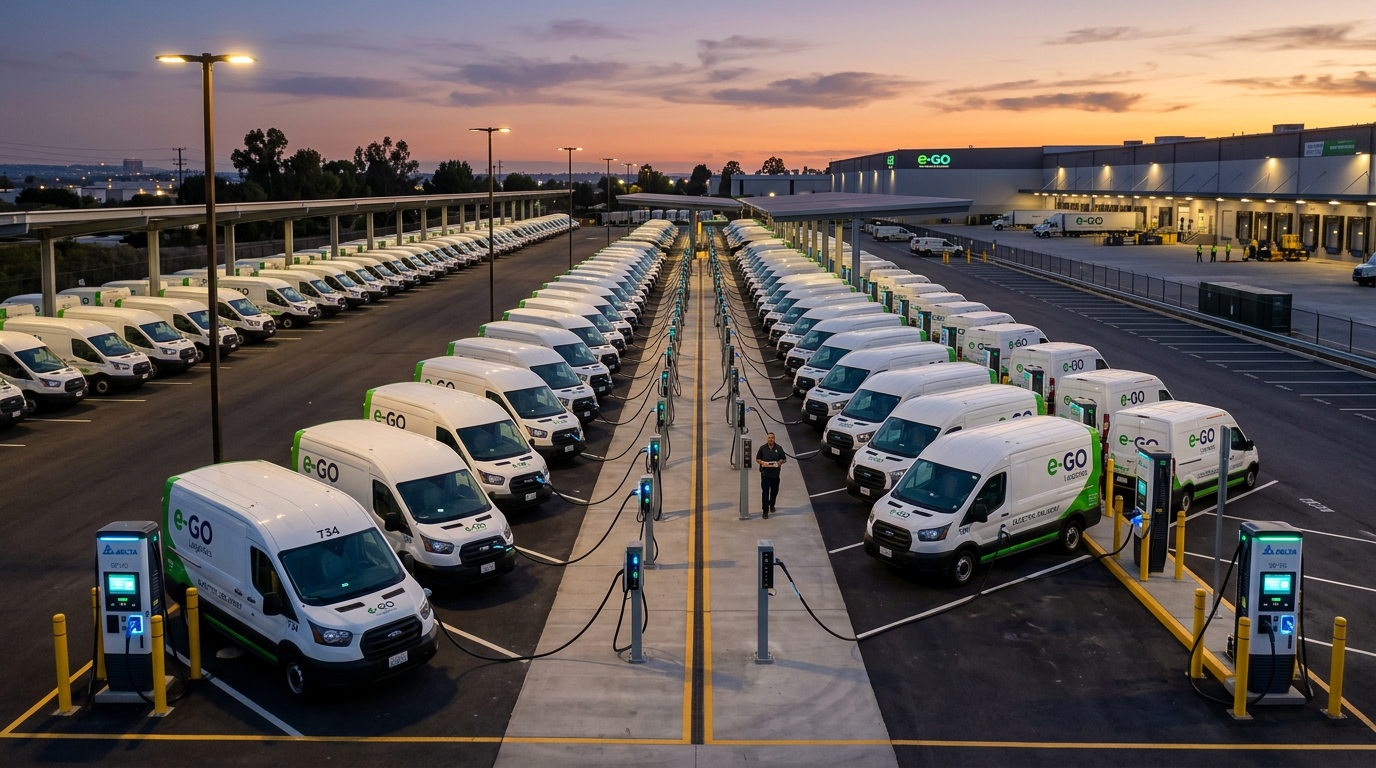 Fleet of electric delivery vans charging overnight at a depot