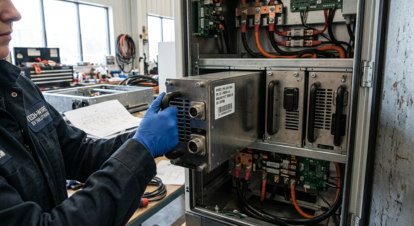 Technician replacing a power module in a DC fast charger