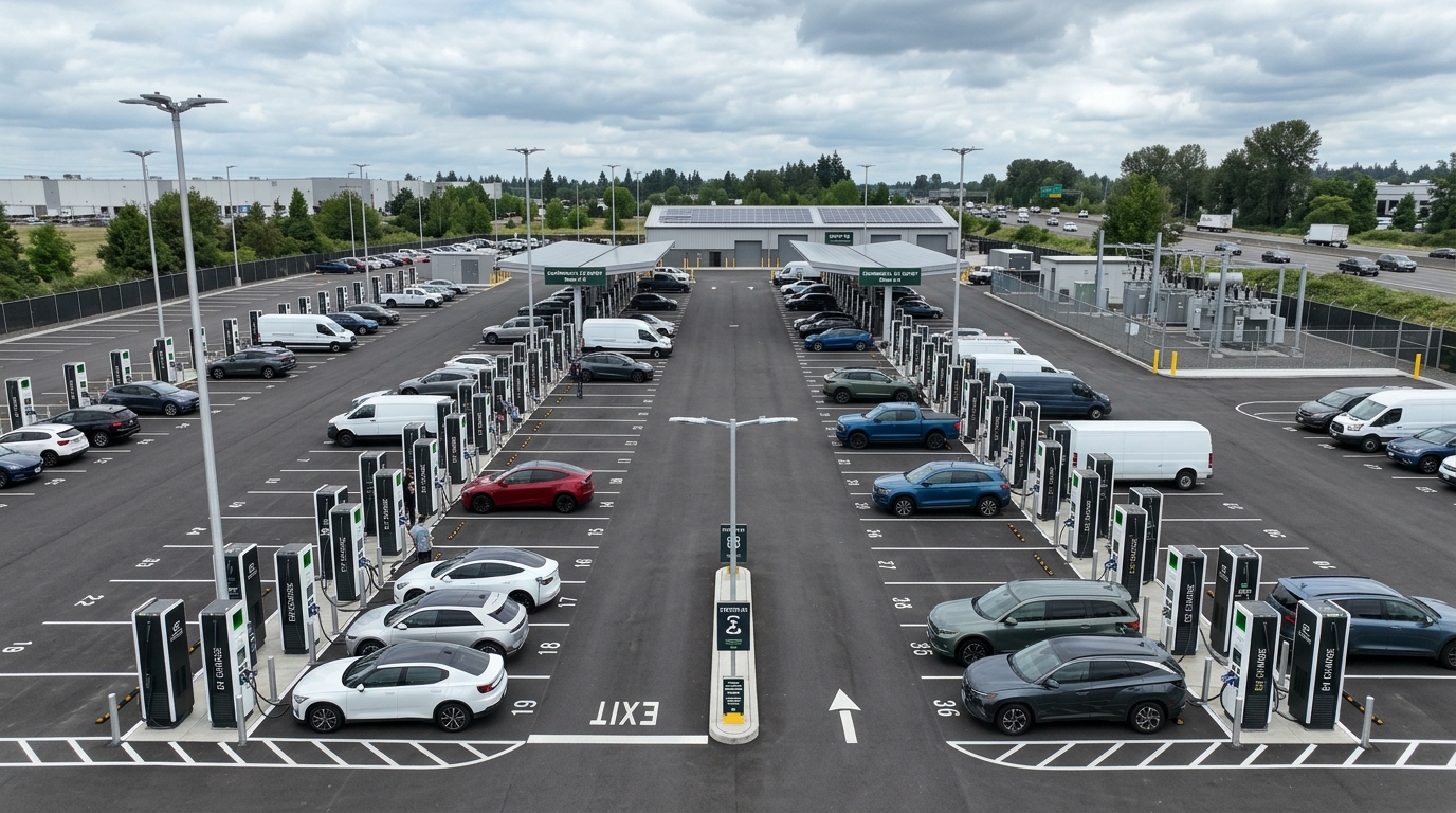 Commercial EV charging depot with multiple DC dispenser cabinets