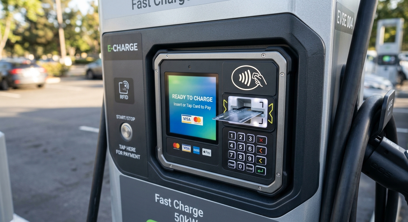 Close-up of EMV contactless card reader built into an EV charger