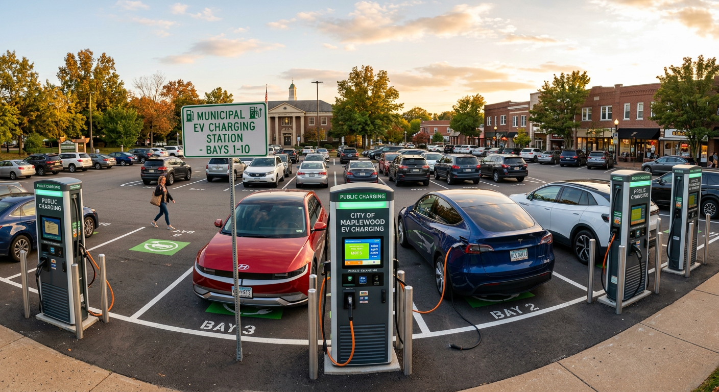 Municipal EV charging station with payment screen in a public parking lot