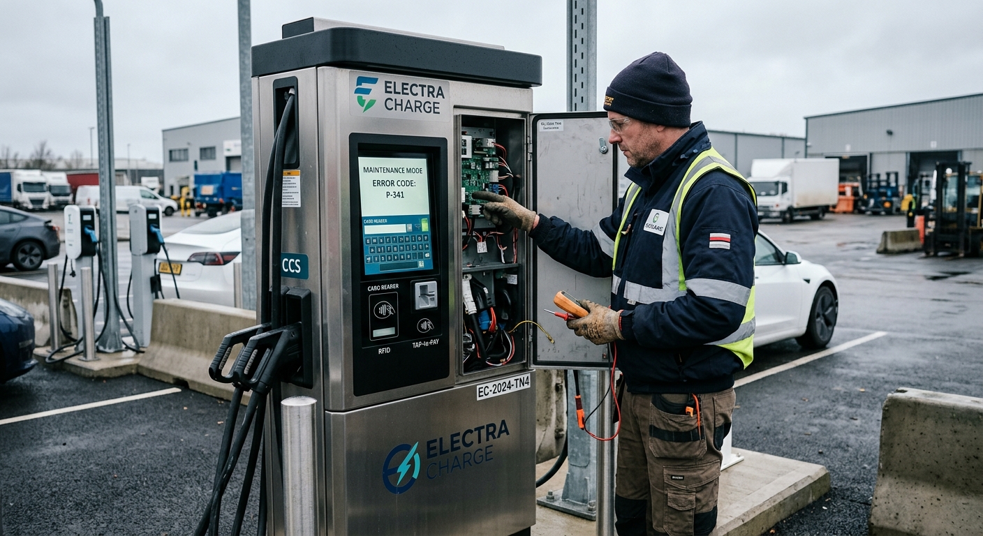 Technician servicing an EV charger payment terminal