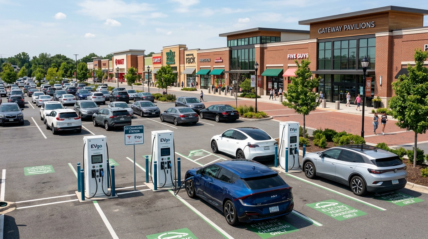 Retail parking lot with EV charging bays and shoppers' vehicles