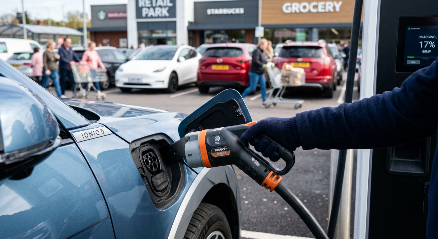 DC fast charger connector plugged into an electric vehicle at a retail location