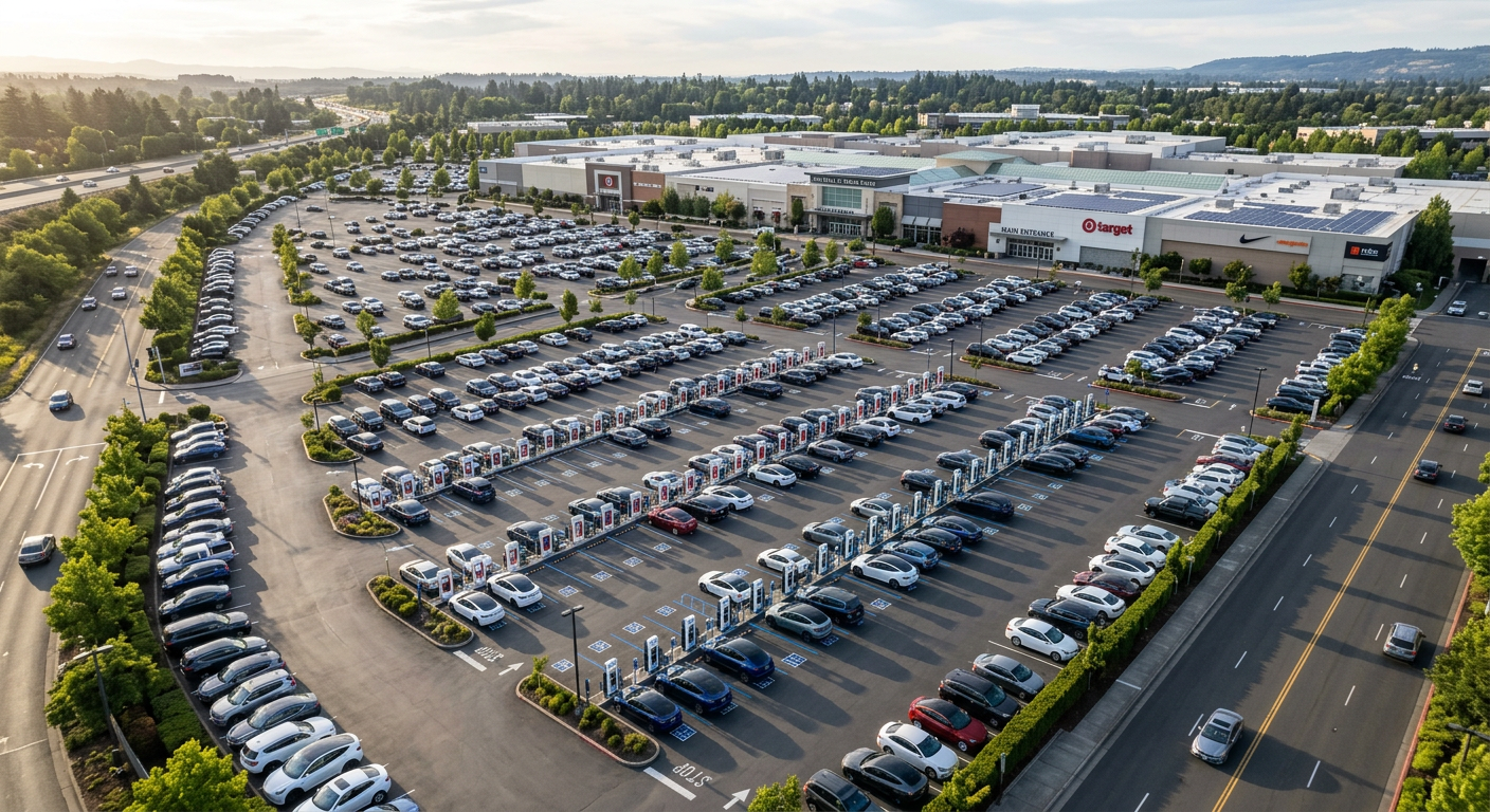 Aerial view of shopping mall parking lot with rows of EV charging stations