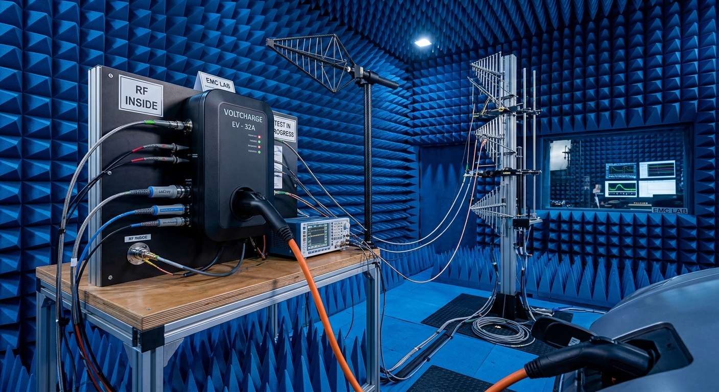 EV charger unit undergoing EMC emissions testing in a shielded chamber