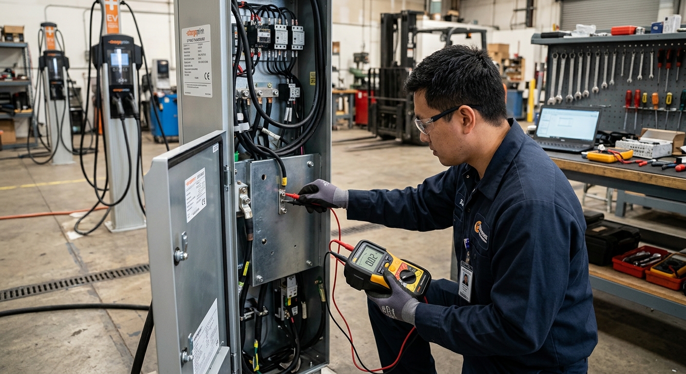 Technician measuring bonding resistance on an EV charger enclosure