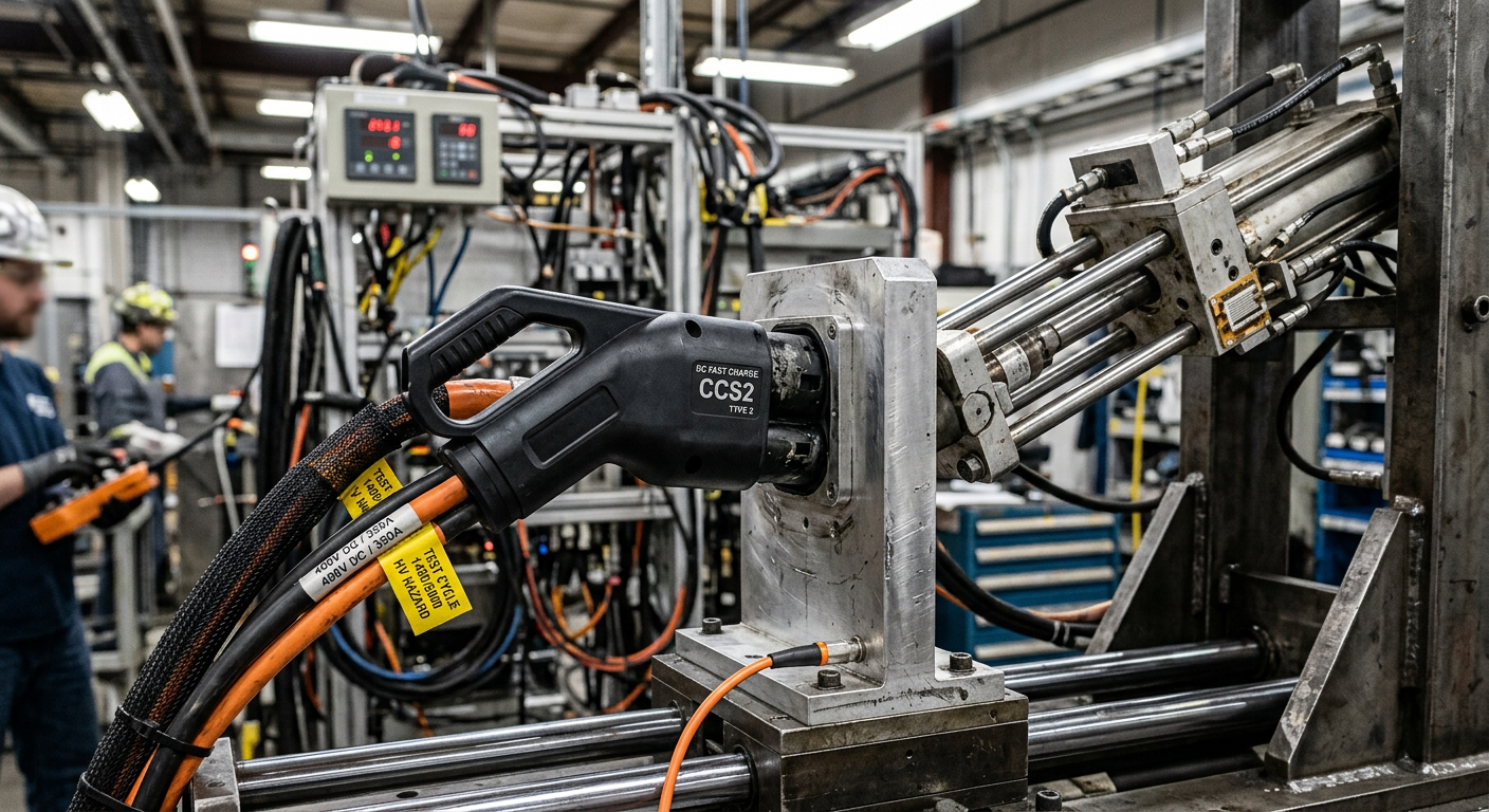 DC fast charging connector undergoing mechanical cycle testing