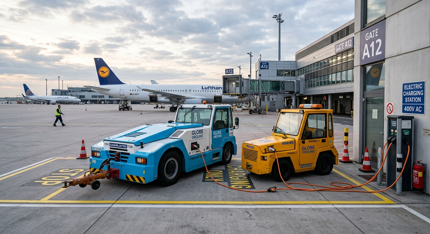 Electric baggage tractor charging near an airport gate during turnaround