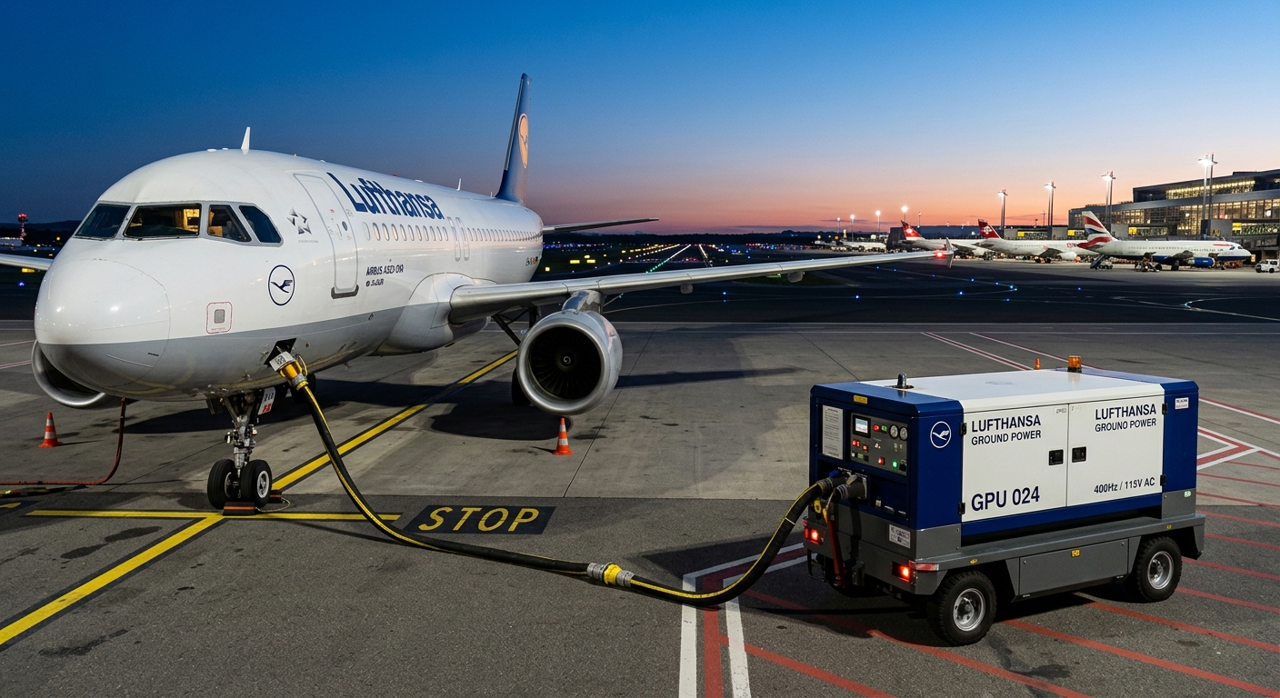 Ground power unit connected to aircraft on airport apron