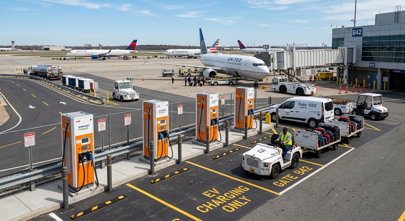 DC fast charging stations installed along an airport ramp near gates