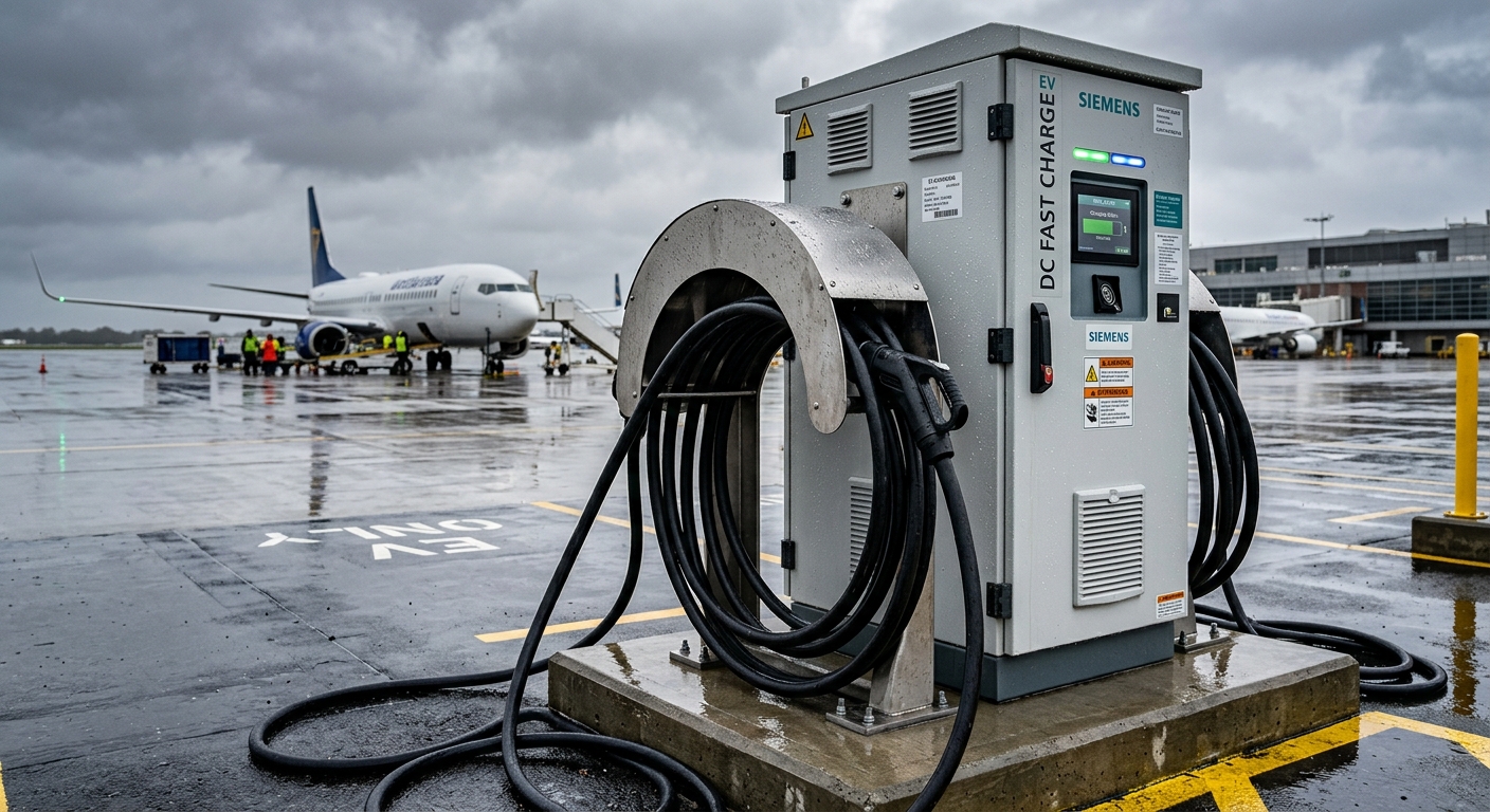 Weatherproof outdoor DC charging cabinet on an airport ramp