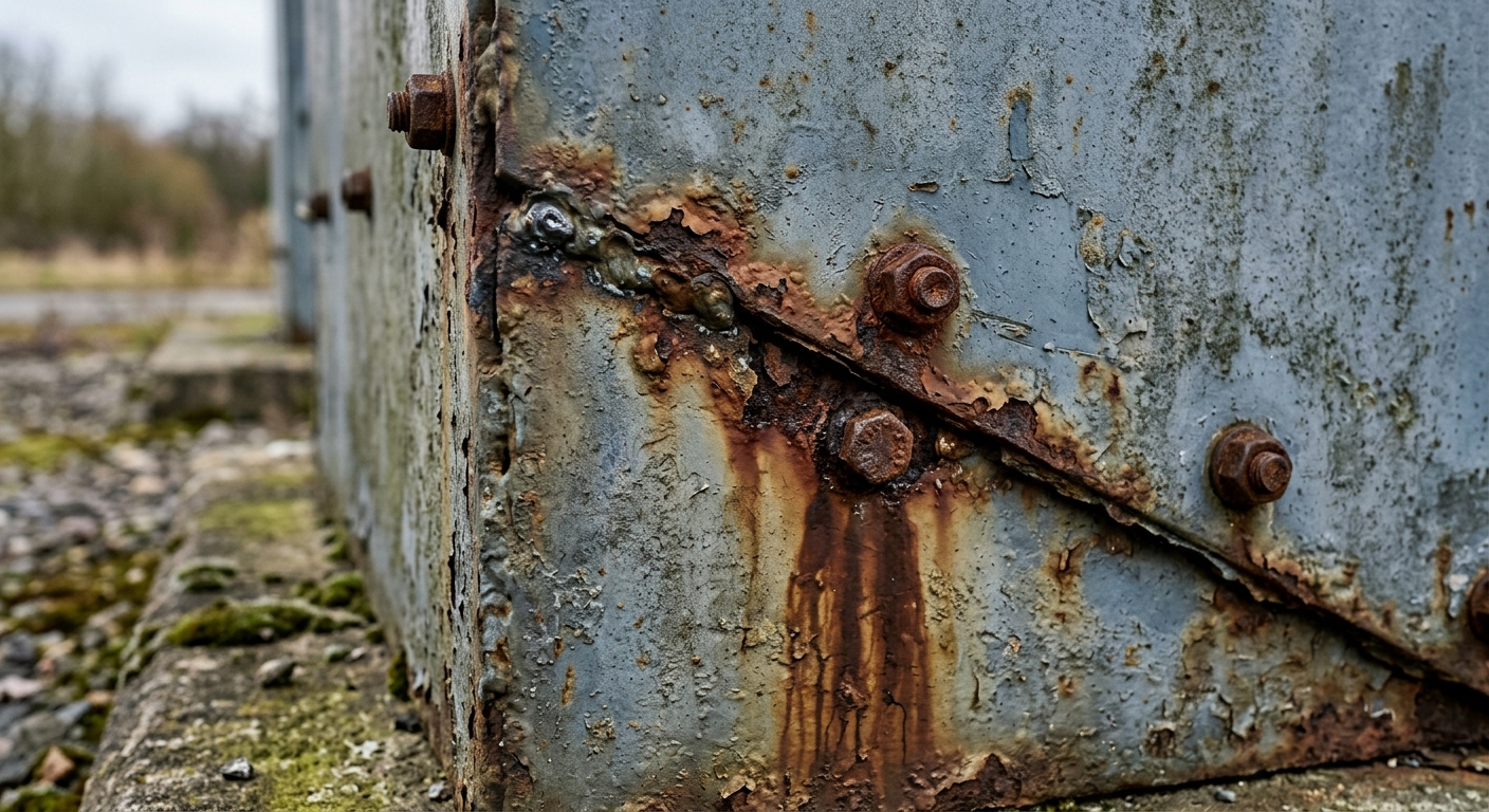 Corroded seam on an outdoor equipment enclosure showing rust bleed