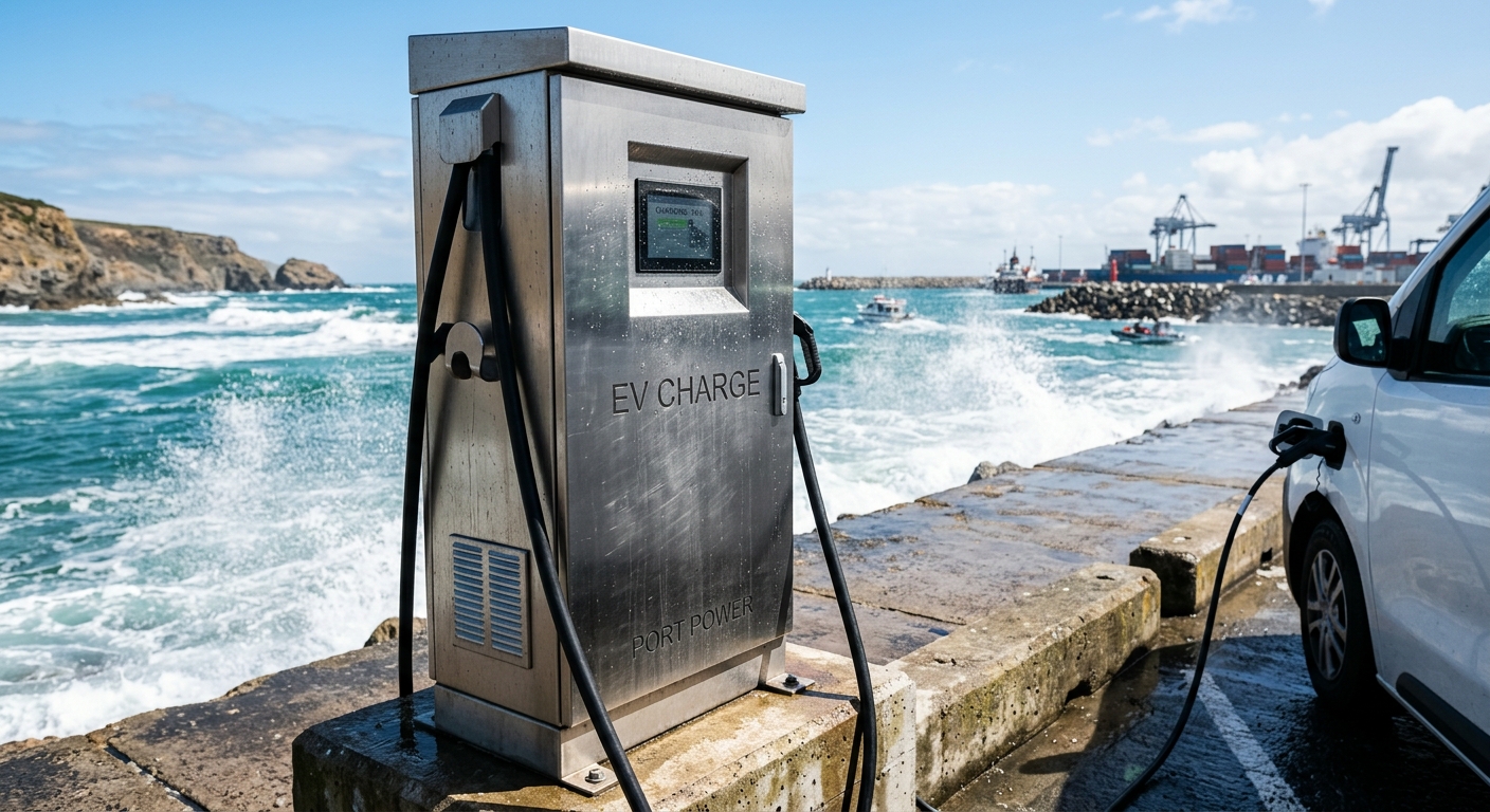Stainless steel EV charger enclosure installed at a coastal port location