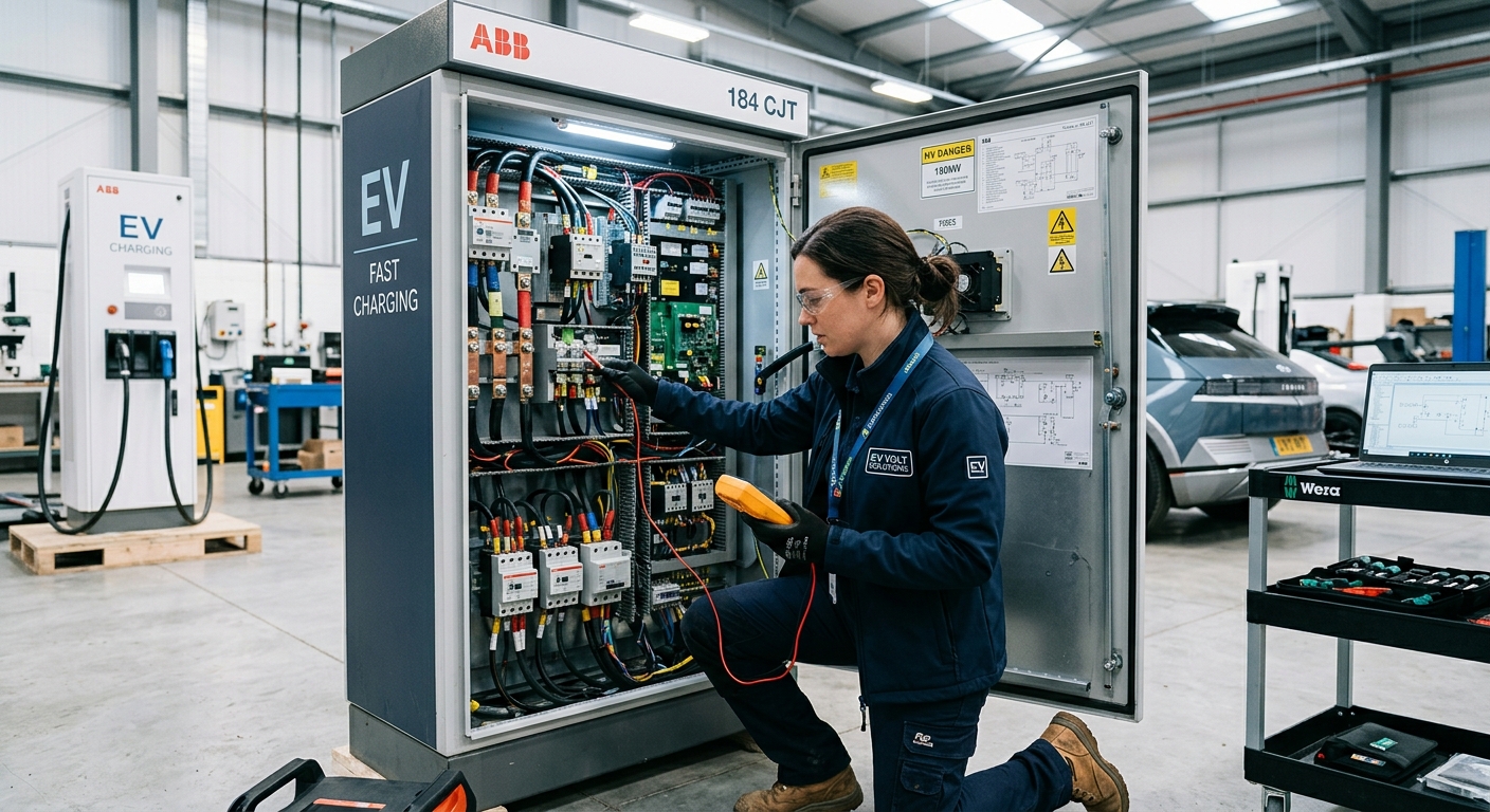 Technician inspecting an open EV charger cabinet during maintenance