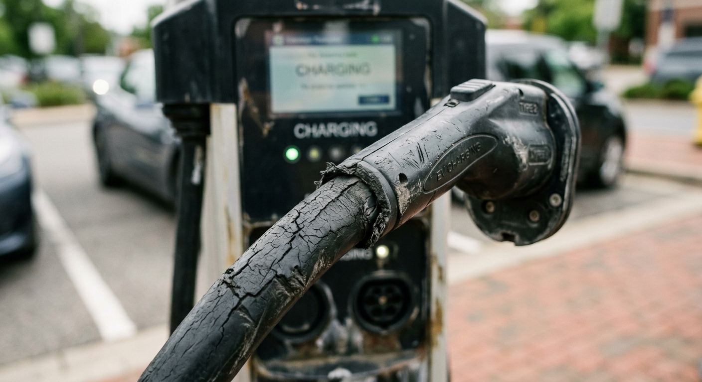 Cracked and worn EV charging cable jacket at an outdoor charging station