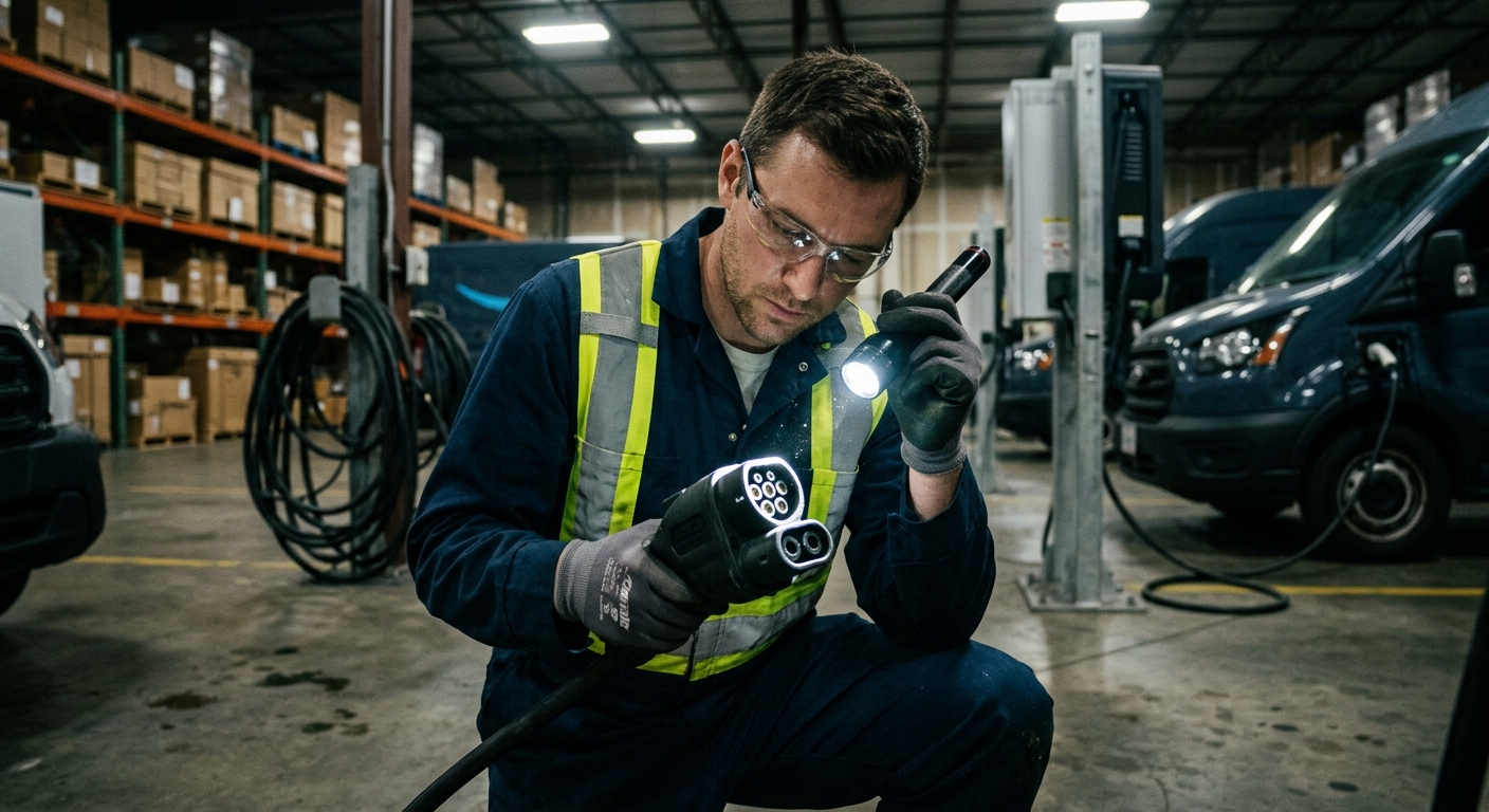 Technician inspecting EV charger connector pins for wear and contact damage